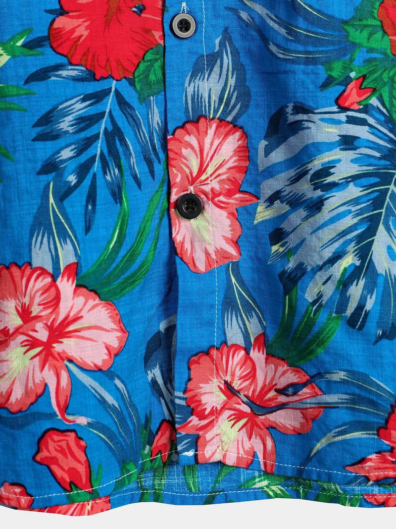 Men's Floral Cotton Tropical Hawaiian Blue Shirt
