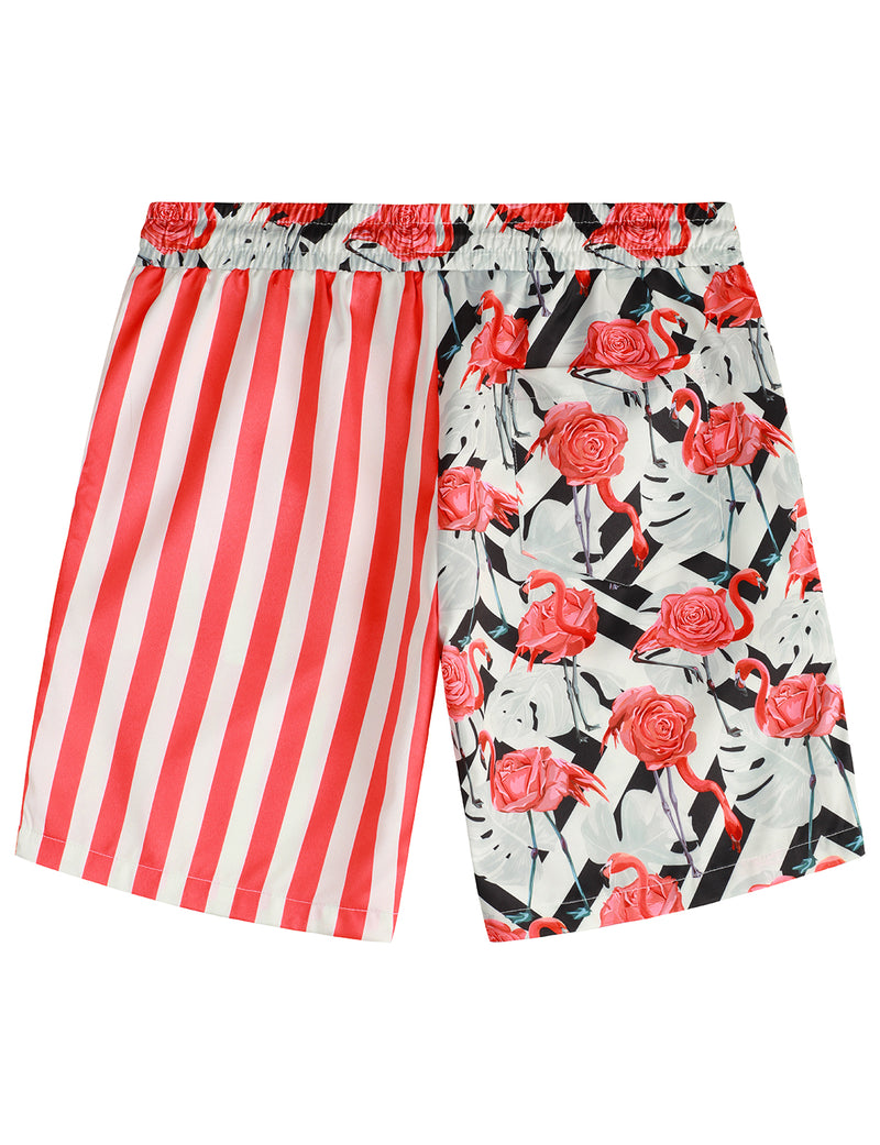 Men's Flamingo and Red Striped Beach Hawaiian Aloha Summer Shorts