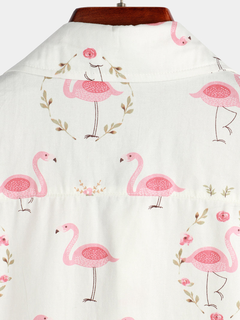 Men's Casual Cotton Flamingo Print Short Sleeve Shirt