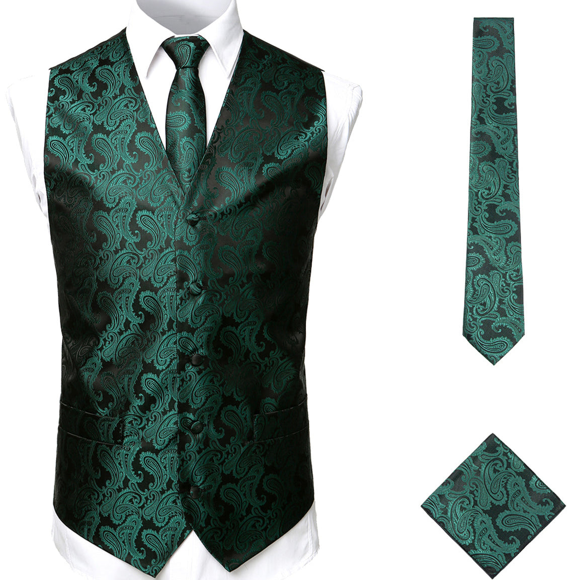 Men's 3pc Jacquard Paisley Vest & Tie Set Classic Necktie Pocket Square Waistcoat for Suit or Tuxedo