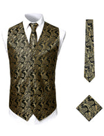 Men's 3pc Jacquard Paisley Vest & Tie Set Classic Necktie Pocket Square Waistcoat MJ004for Suit or Tuxedo