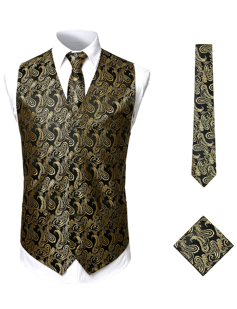 Men's 3pc Jacquard Paisley Vest & Tie Set Classic Necktie Pocket Square Waistcoat MJ004for Suit or Tuxedo