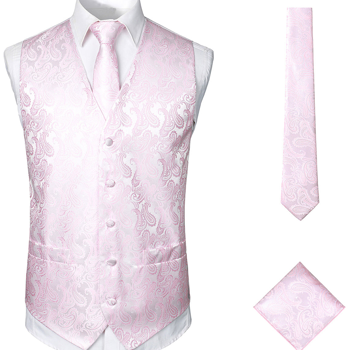Men's Classic Jacquard Paisley Vest Set 3pc Necktie Pocket Square Waistcoat for Suit or Tuxedo