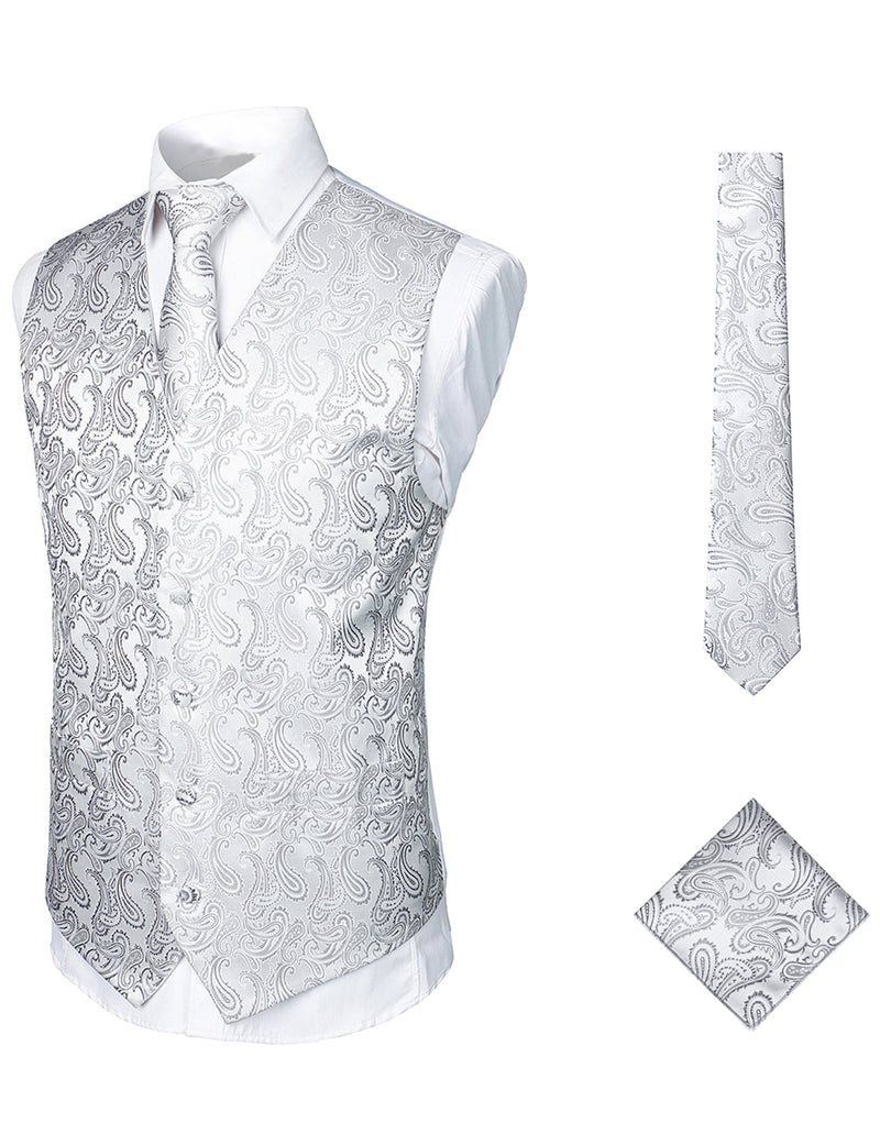 Men's 3pc Classic Jacquard Paisley Vest Set Necktie Pocket Square Waistcoat for Suit or Tuxedo