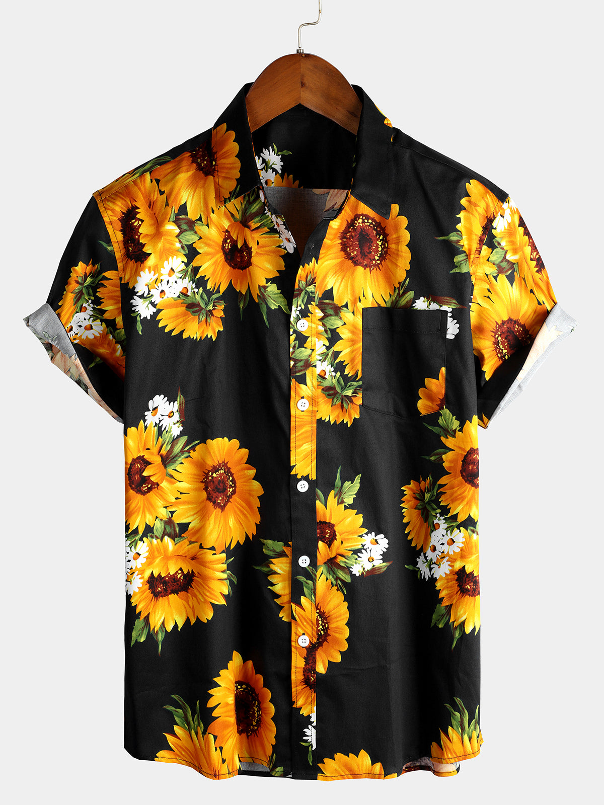 Men's Black Vintage Sunflower Pocket Short Sleeve Shirt