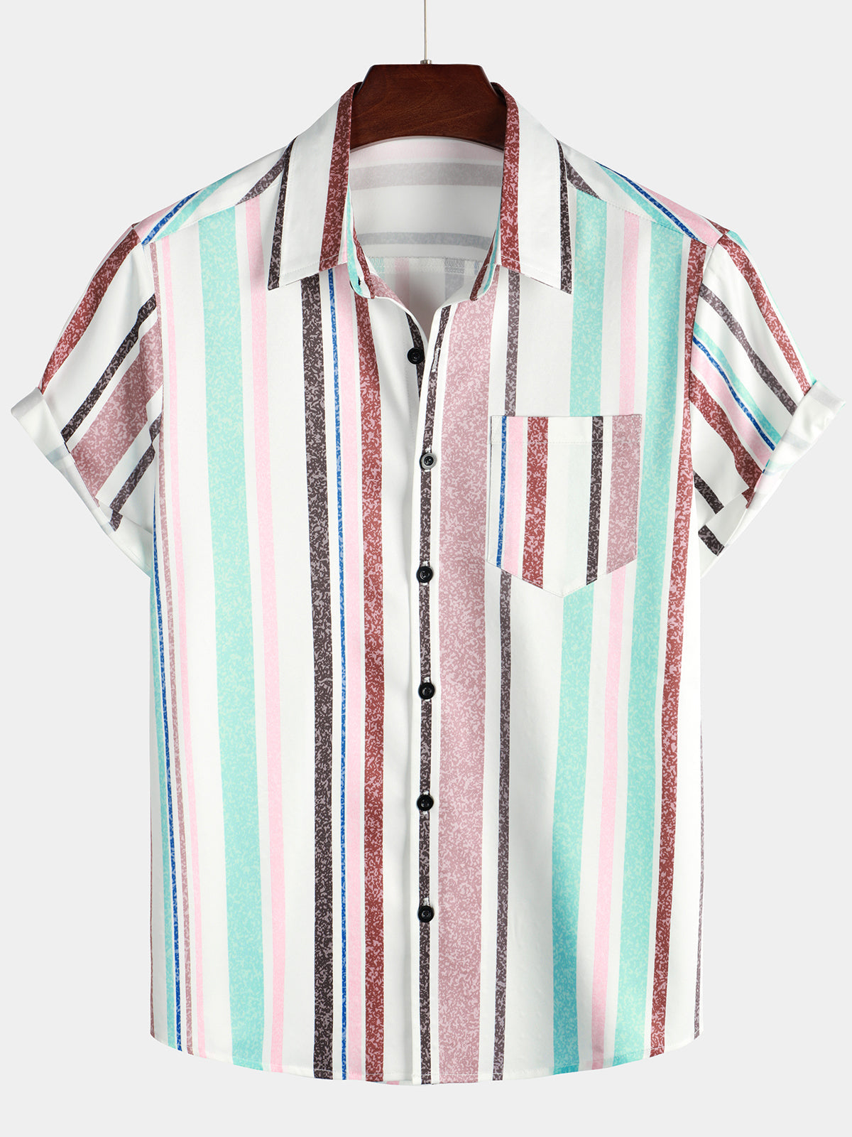 Men's Colorful Button Up Vertical Rainbow Striped Short Sleeve Pocket Shirt