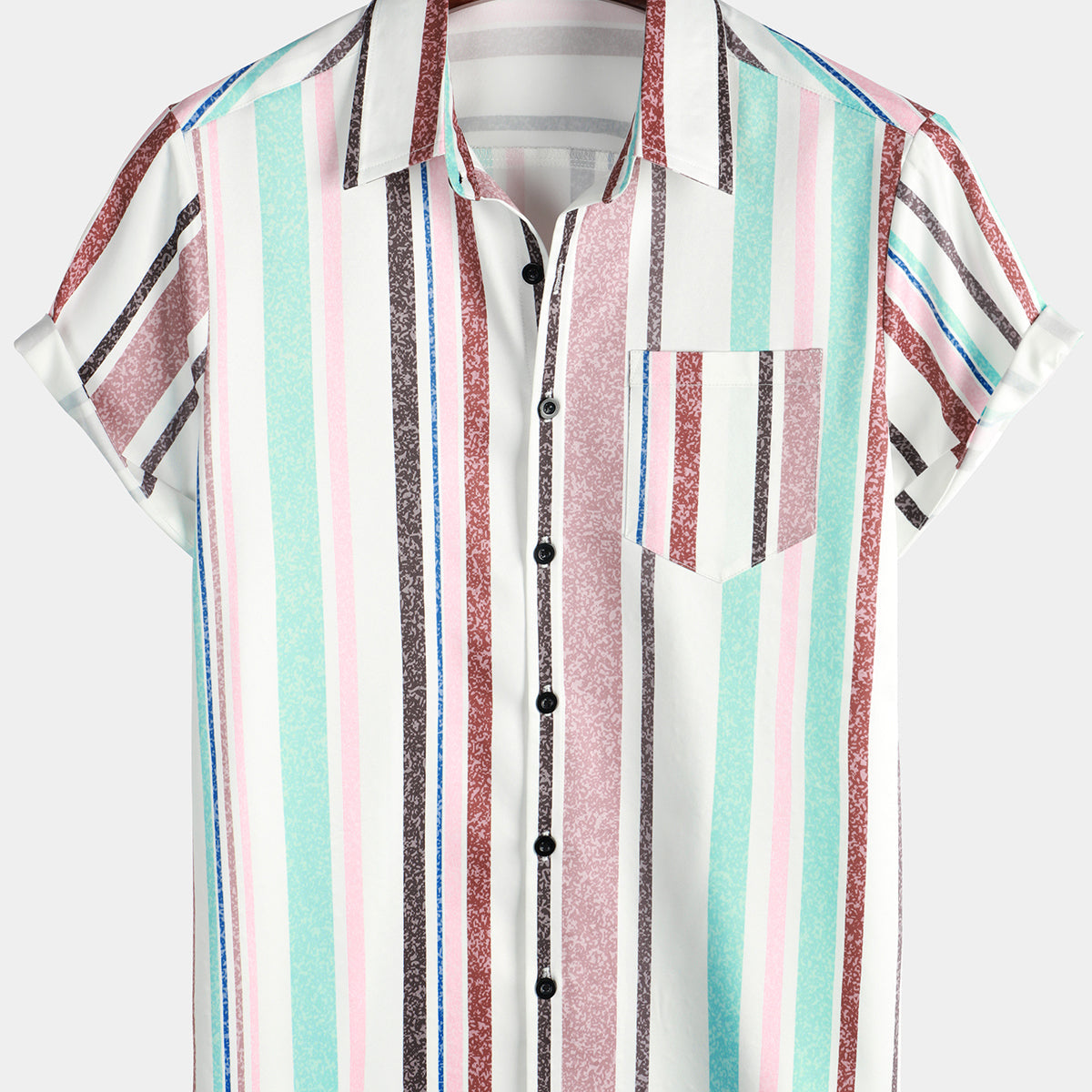 Men's Colorful Button Up Vertical Rainbow Striped Short Sleeve Pocket Shirt