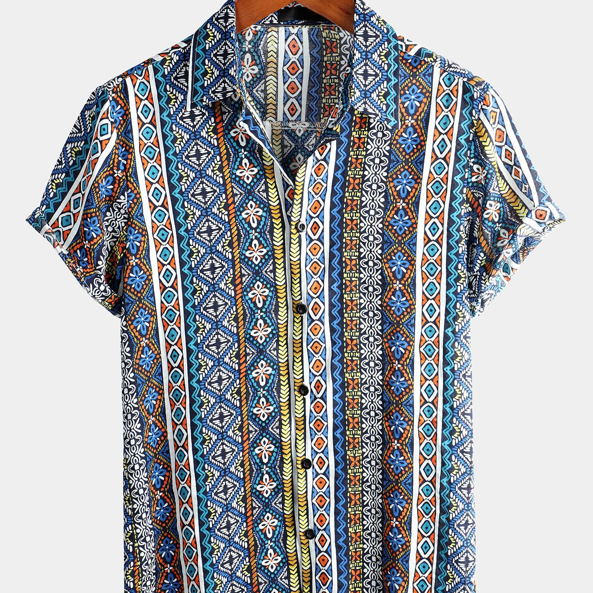 Men's Patchwork Printed Short Sleeve Cotton Shirt