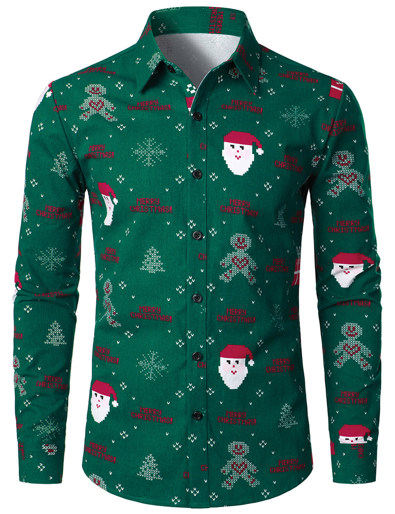 Men's Christmas Santa Snowflake Party Button Green Long Sleeve Shirt