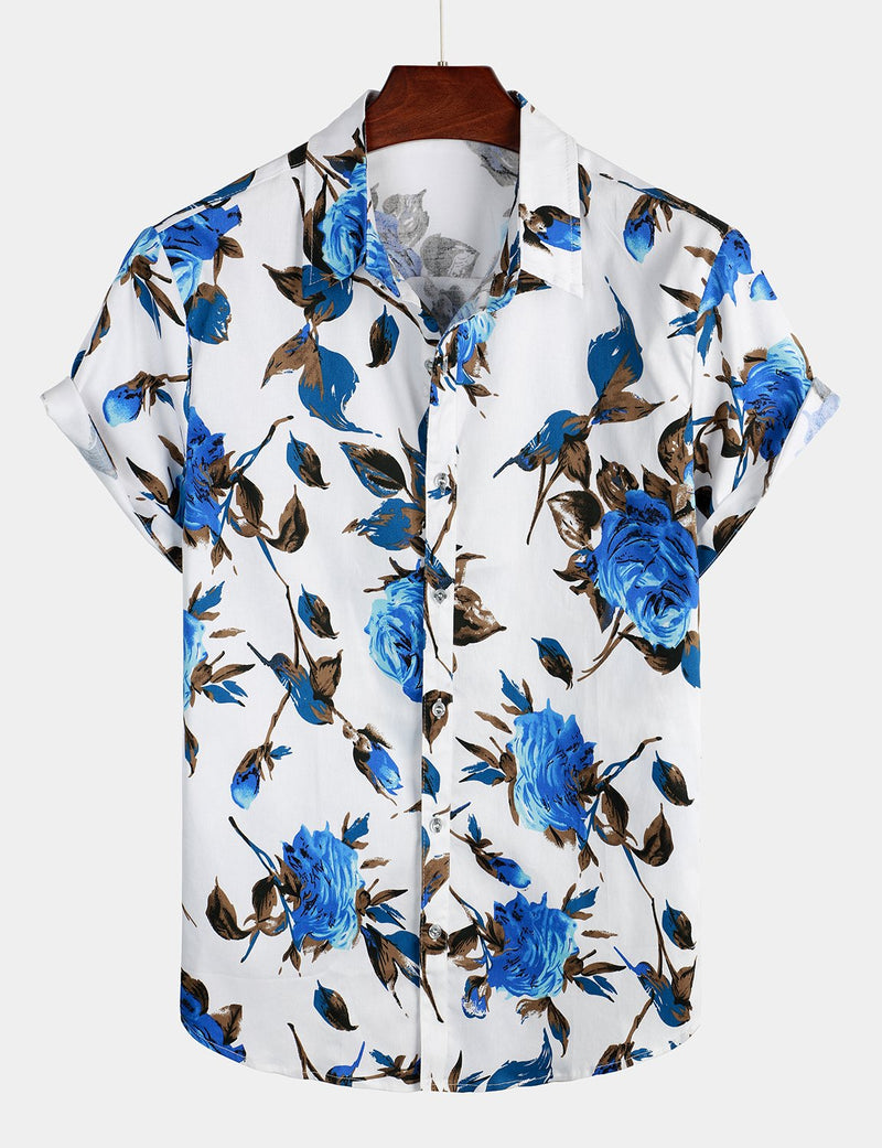 Men's Casual Holiday Cotton Floral Print Short Sleeve Shirt