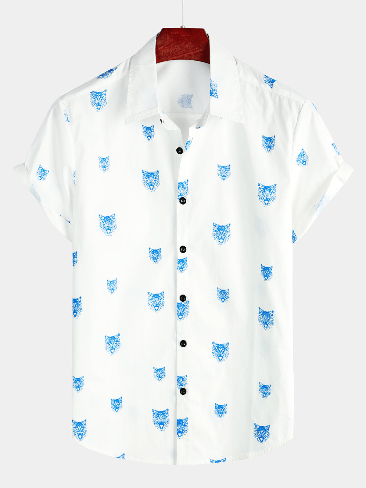 Men's Wolf Animal Print Button Casual Lapel White Short Sleeve Shirt