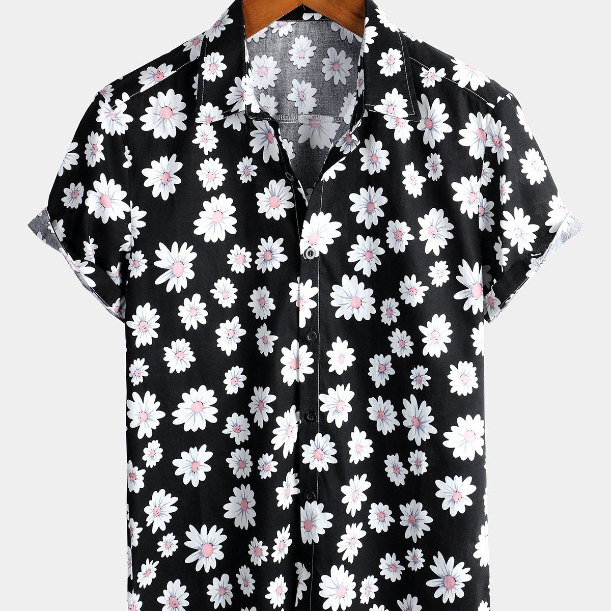 Men's Floral Daisy Print Hawaiian Cotton Button Up Summer Short Sleeve Flower Shirt