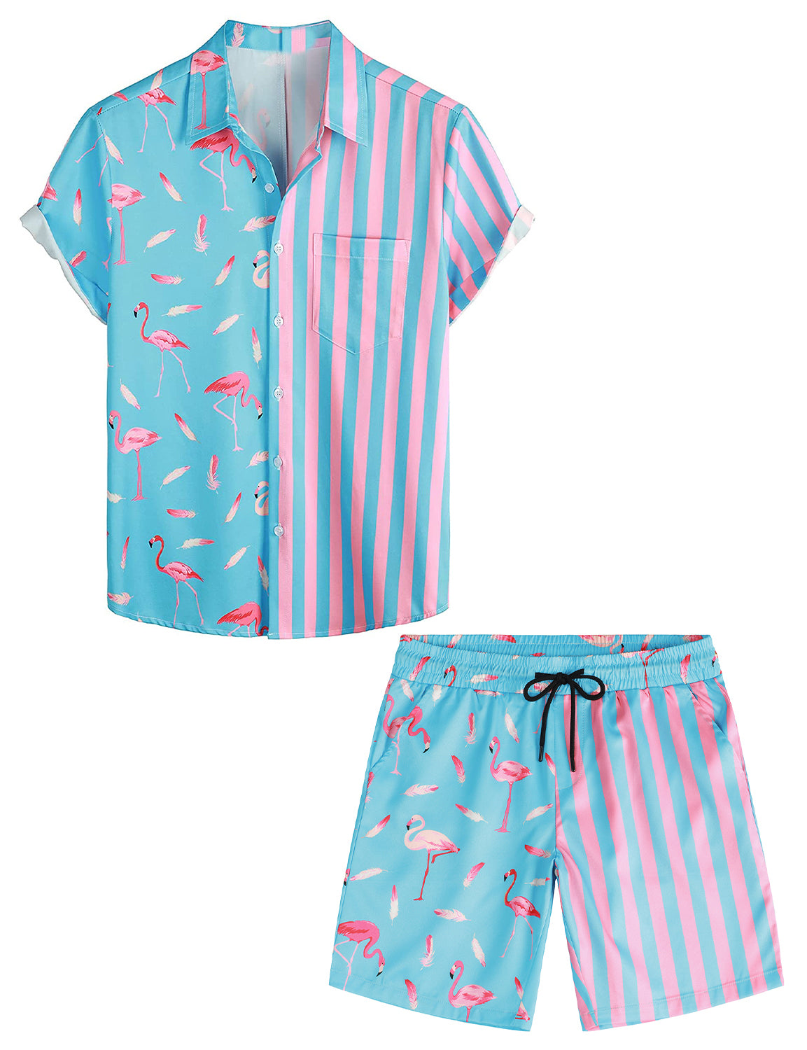 Men's Blue Flamingo & Striped Pocket Summer Shirt and Shorts Set