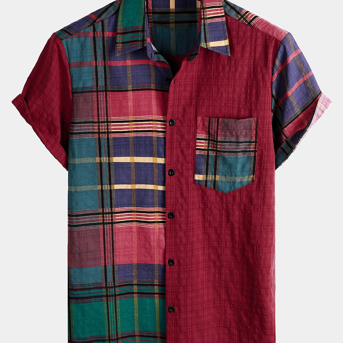 Men's Patchwork Plaid Chest Pocket Short Sleeve Shirt
