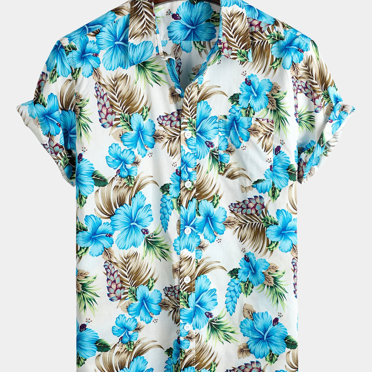 Men's Blue Floral Holiday Cotton Short Sleeve Shirt
