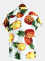 Men's Tropical Pineapple Holiday White Cotton Pocket Shirt