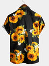 Men's Black Vintage Sunflower Pocket Short Sleeve Shirt