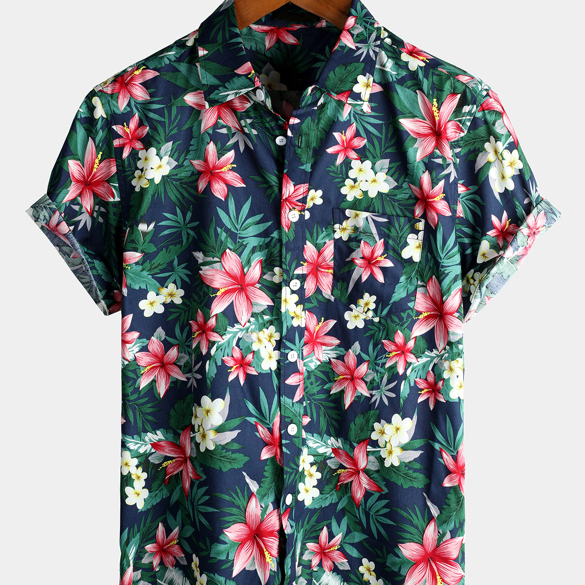 Men's Blue Tropical Floral Print Holiday Cotton Shirt