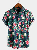 Men's Blue Tropical Floral Print Holiday Cotton Shirt