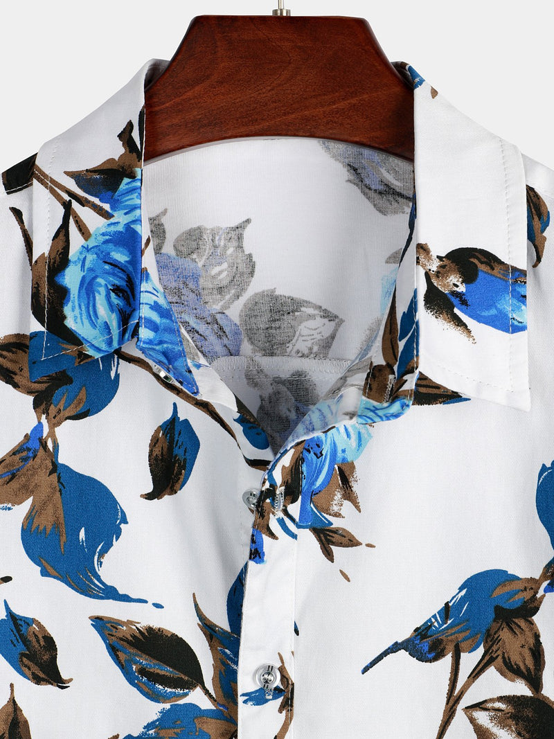 Men's Casual Holiday Cotton Floral Print Short Sleeve Shirt