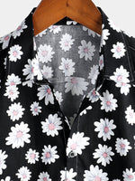 Men's Floral Daisy Print Tropical Hawaii Cotton Black Shirt