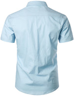 Men's Light blue Solid Color Linen Cotton Outfit Pocket Short Sleeve Shirt and Shorts Set