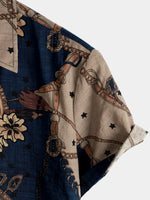 Men's Vintage Floral Print Summer Patchwork Button Up Casual Short Sleeve Shirt