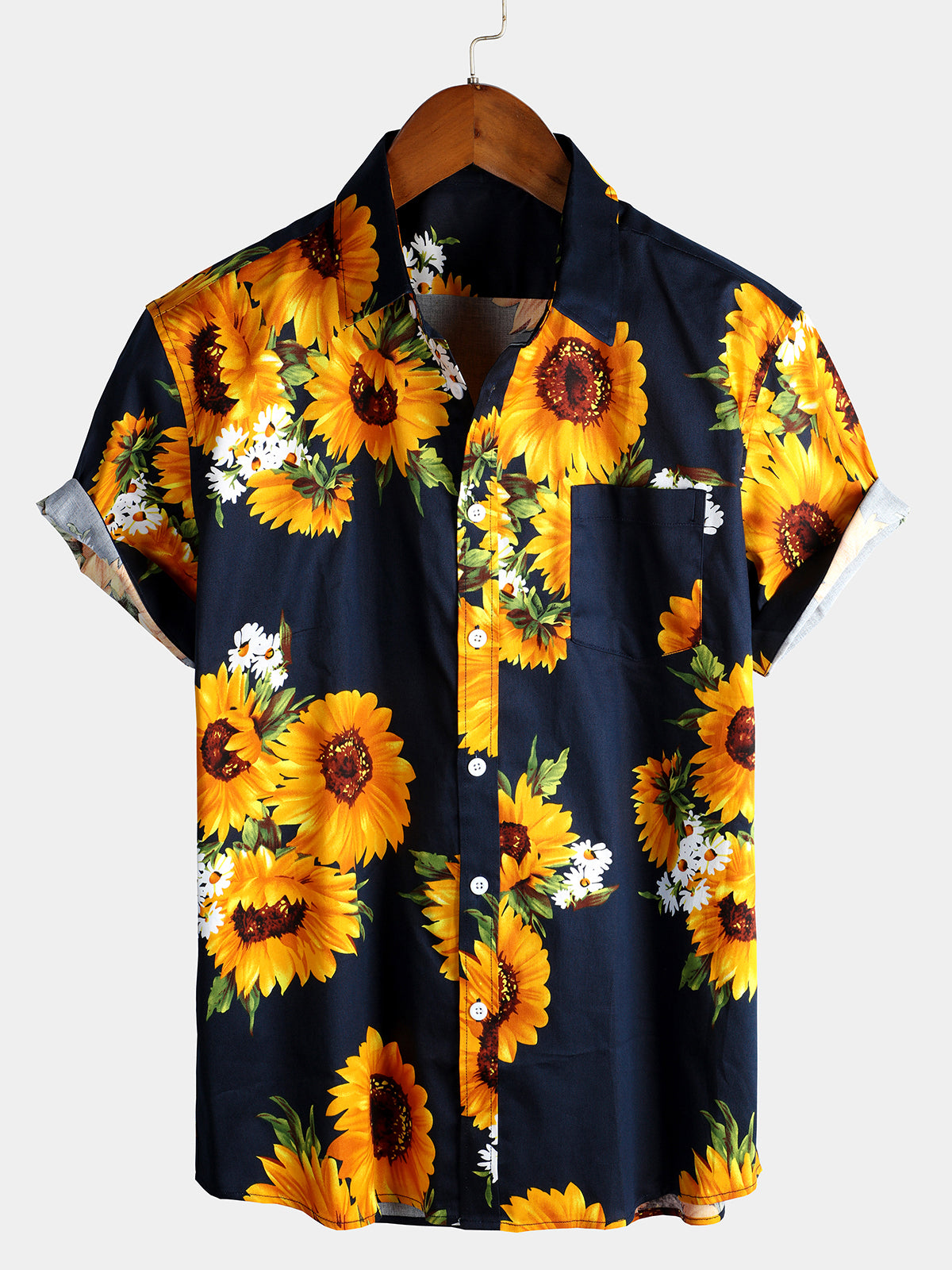 Men's Vintage Sunflower Pocket Dark Blue Short Sleeve Shirt