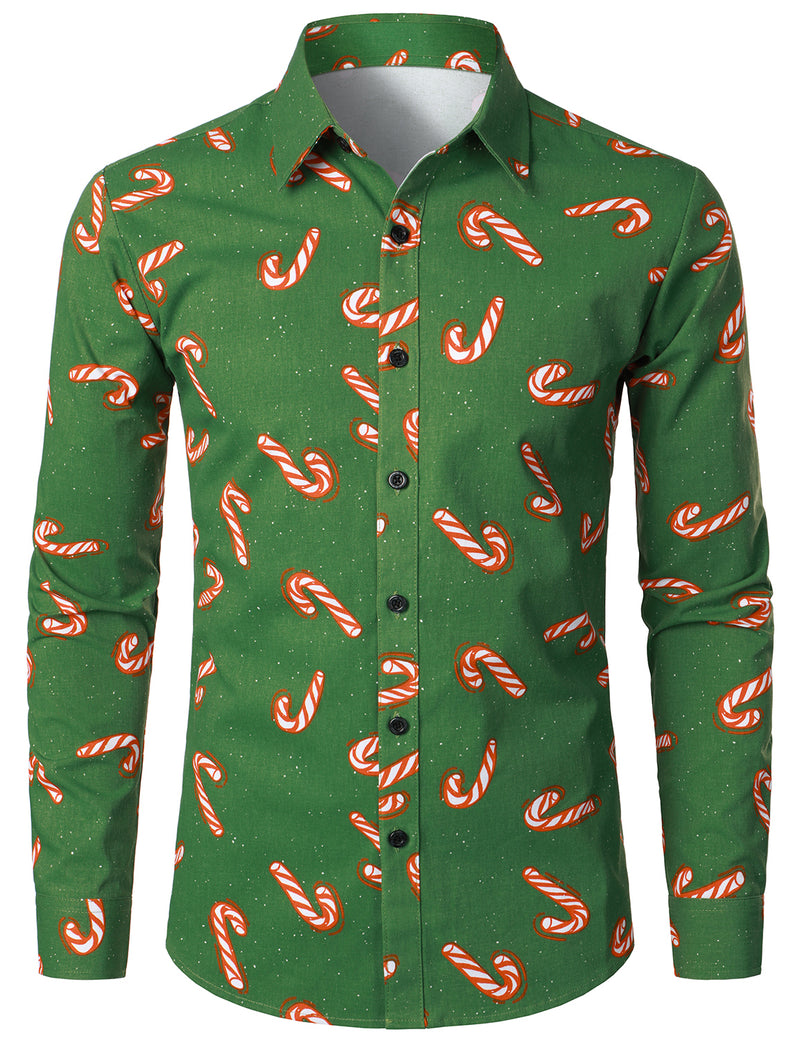 Men's Green Christmas Candy Print Cotton Long Sleeve Shirt