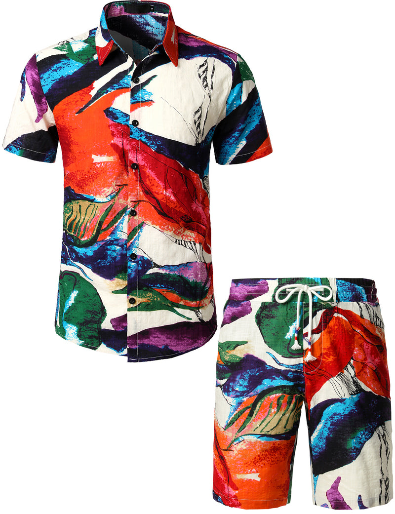 Men's Casual Colorful Hawaiian Matching Shirt and Shorts Set