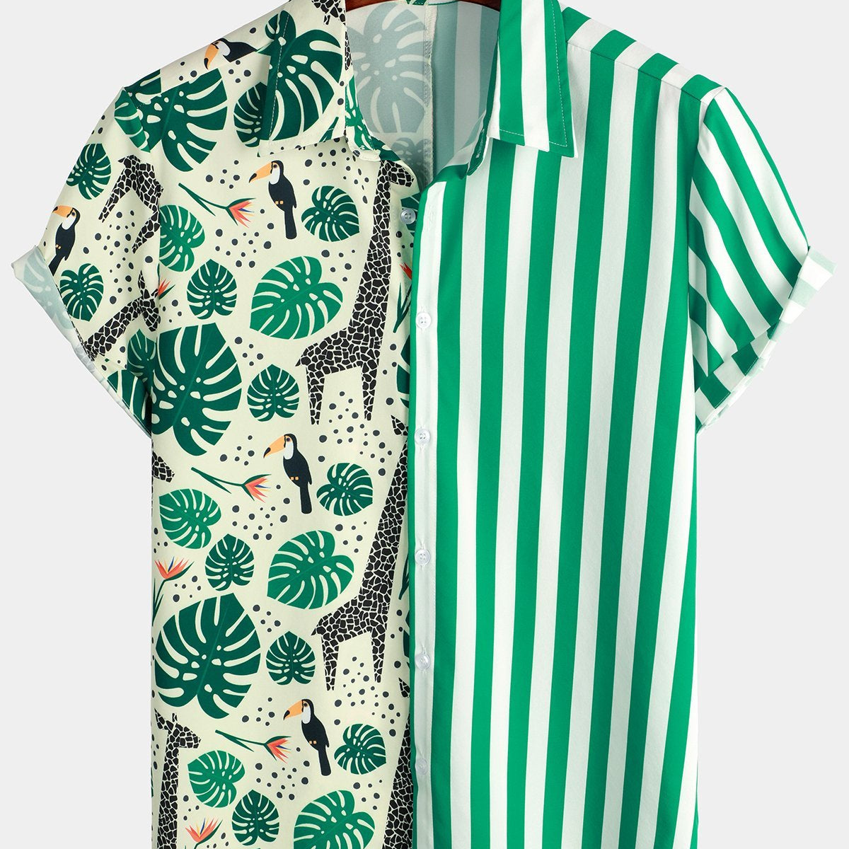 Men's Short Sleeve Stripe Animal Patchwork Hawaiian Shirt