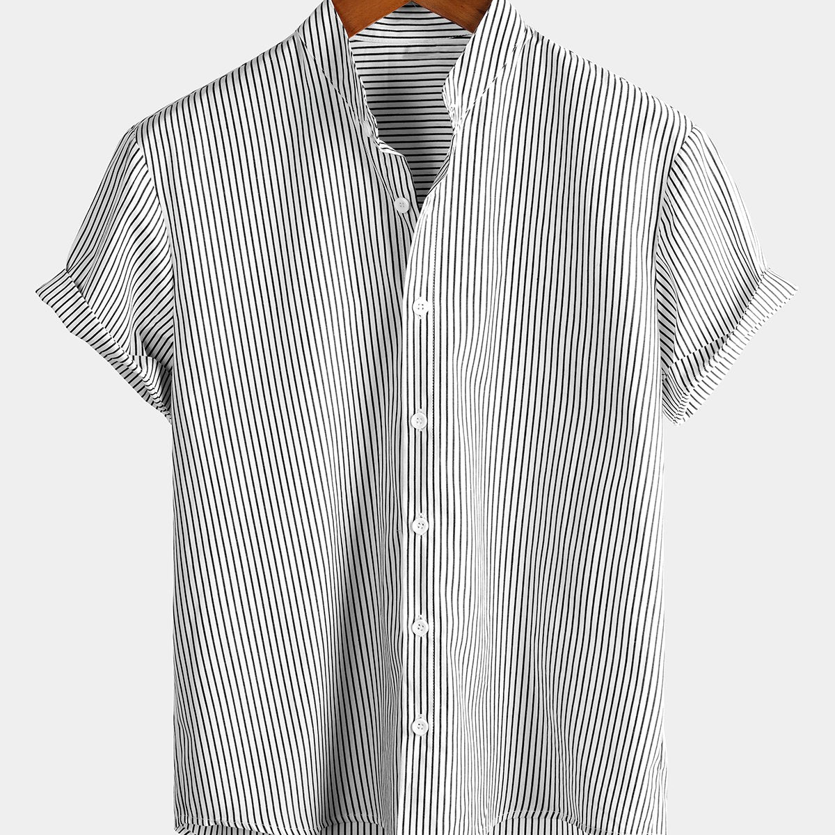 Men's Breathable Casual Stand Collar Short Sleeve Striped Shirts