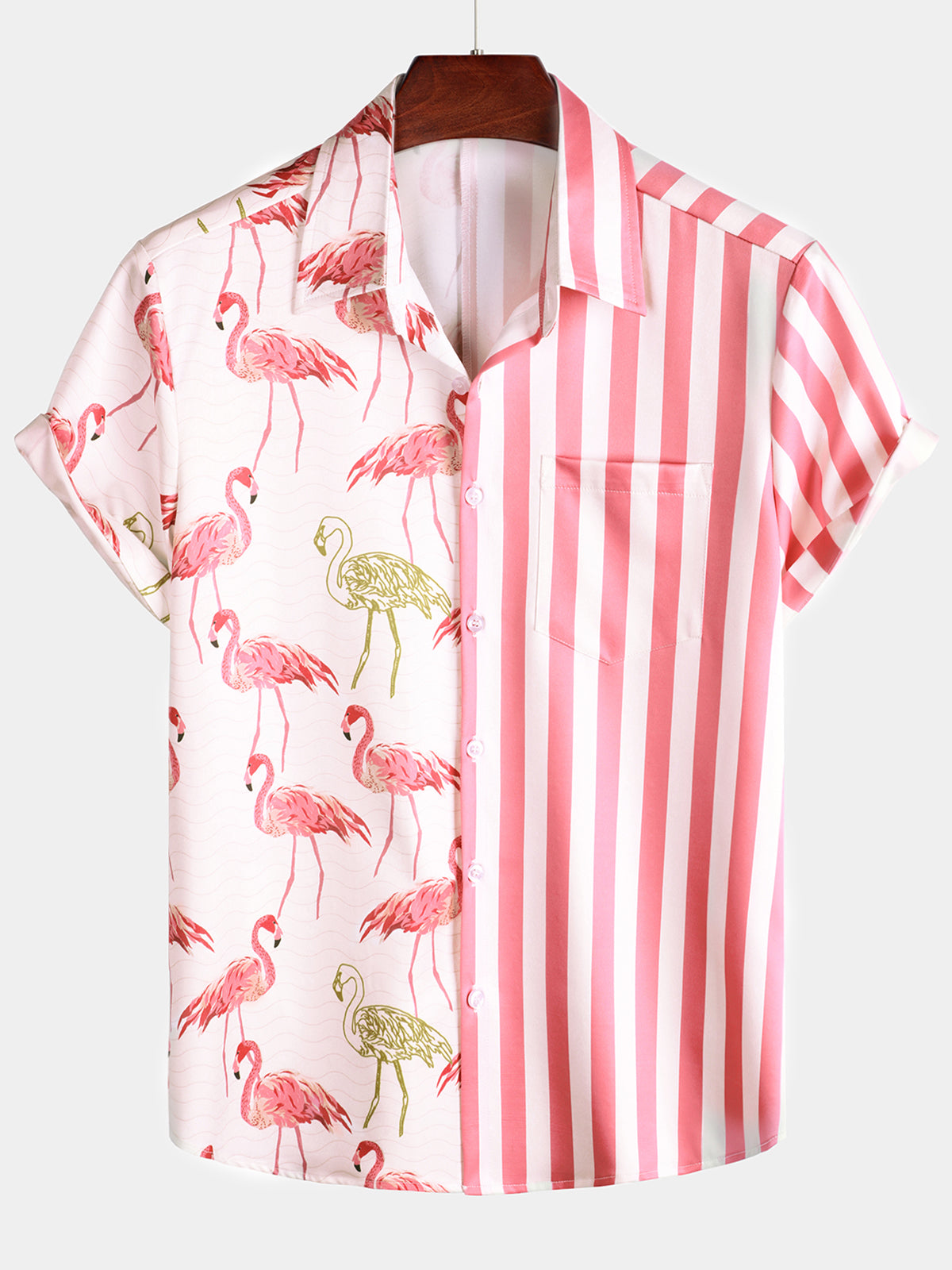 Men's Pink Flamingo Animal Striped Tropical Pocket Button Up Vacation Short Sleeve Beach Cruise Camp Shirt