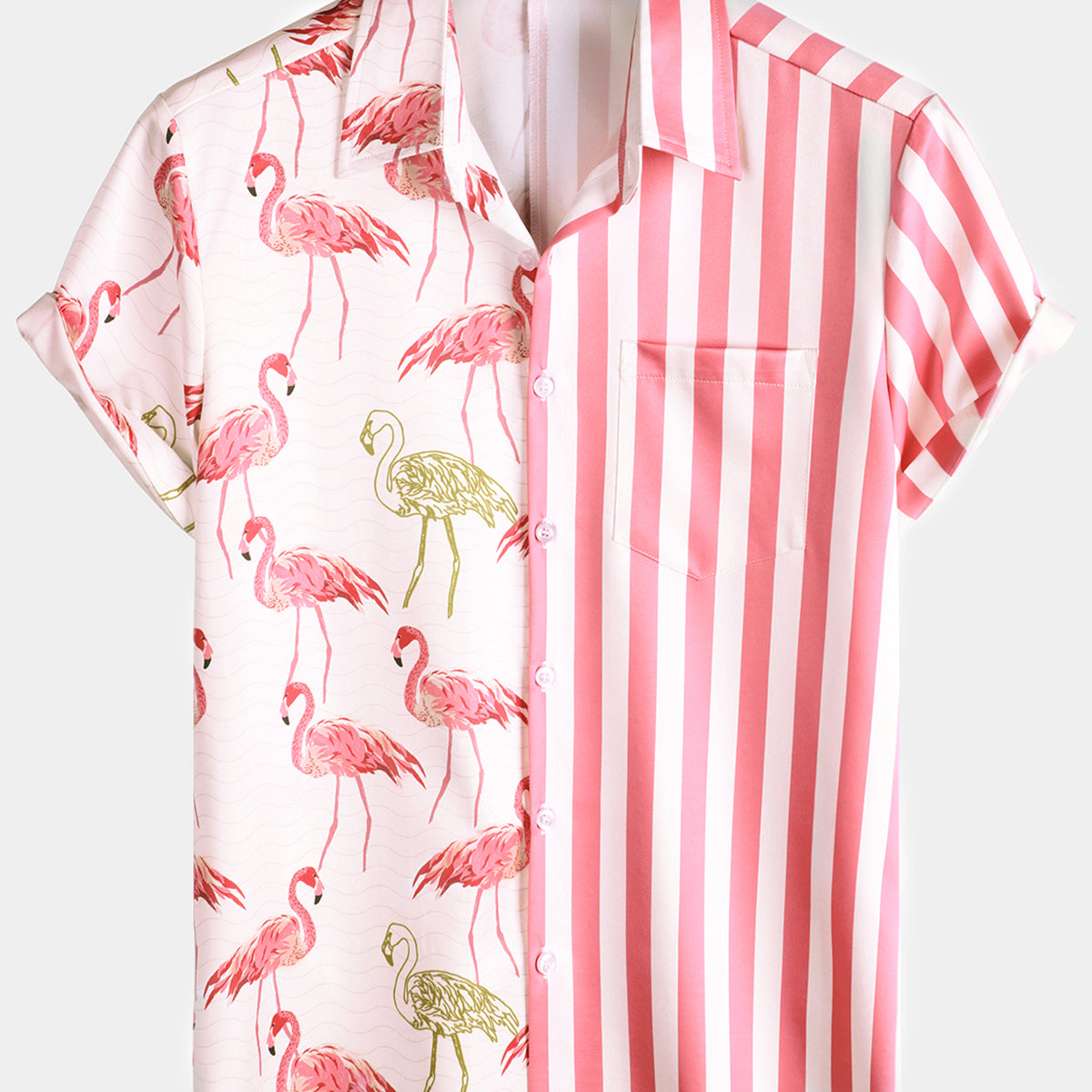 Men's Pink Flamingo Animal Striped Tropical Pocket Button Up Vacation Short Sleeve Beach Cruise Camp Shirt