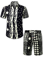 Men's Black and White Polka Dot Boho Outfit Short Sleeve Button Matching Shirt and Shorts Set