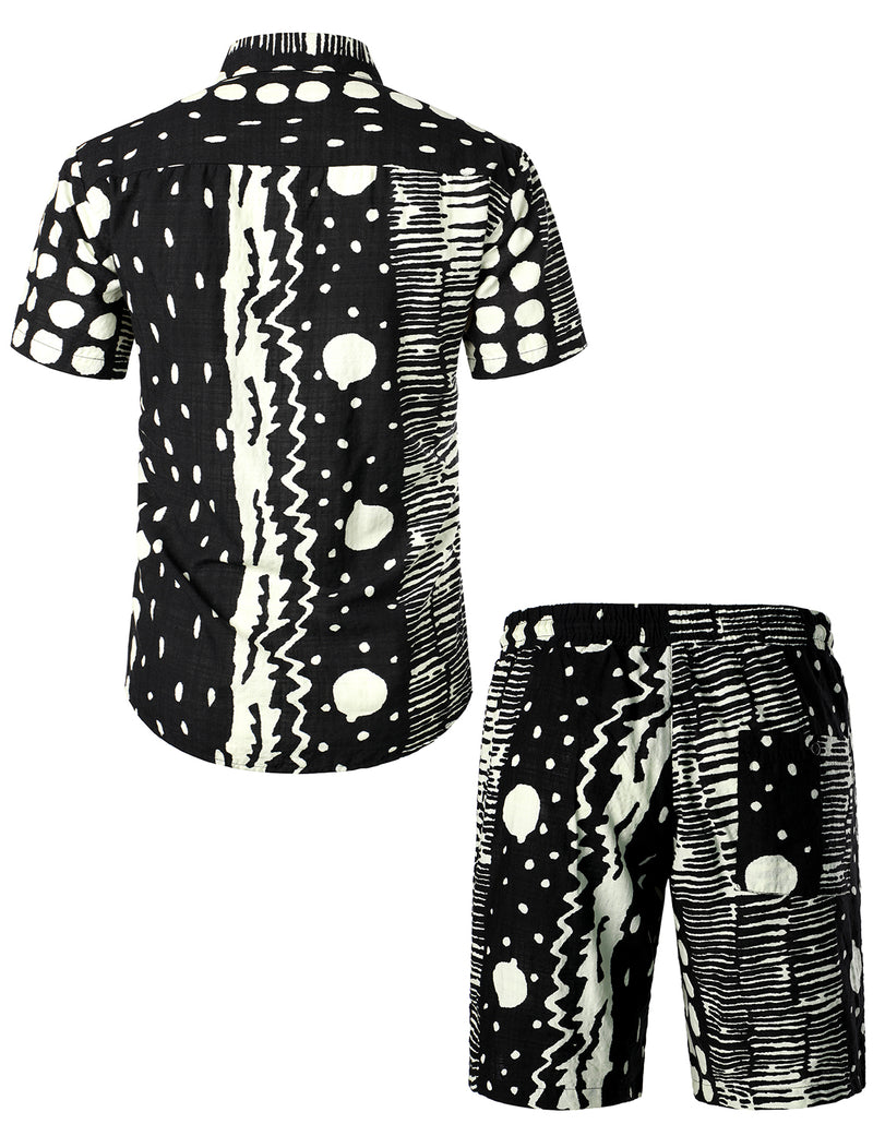 Men's Black and White Polka Dot Boho Outfit Short Sleeve Button Matching Shirt and Shorts Set
