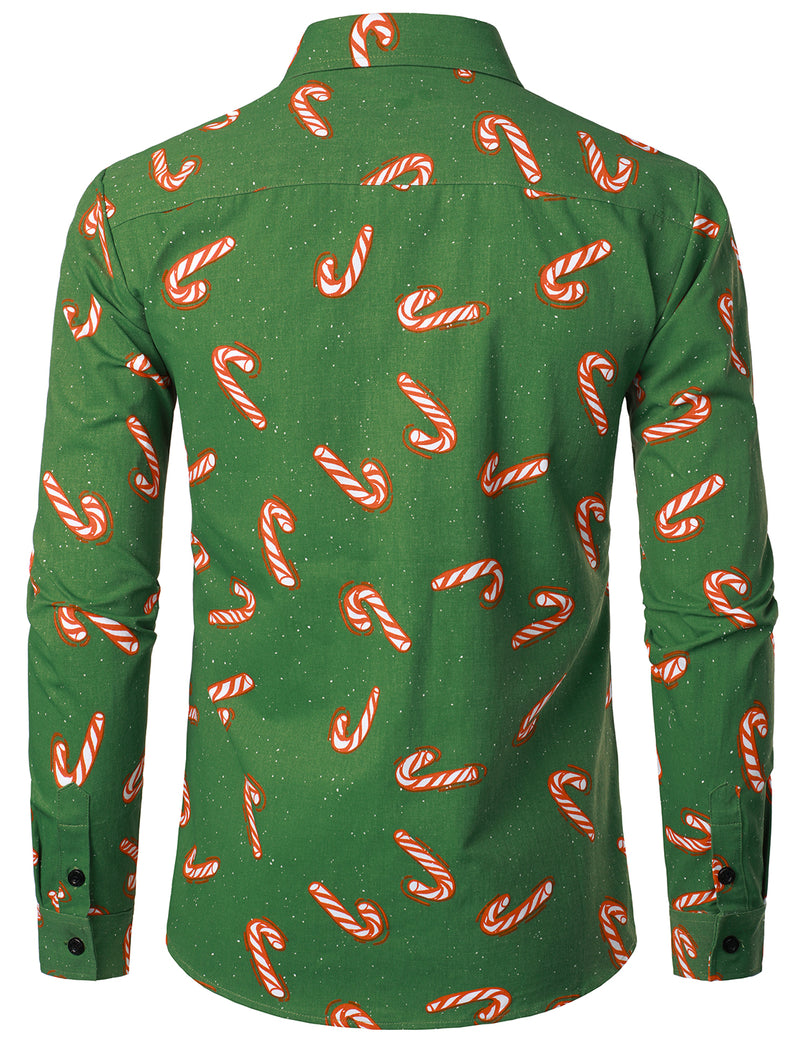 Men's Green Christmas Candy Print Cotton Long Sleeve Shirt