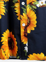 Men's Vintage Sunflower Pocket Dark Blue Short Sleeve Shirt