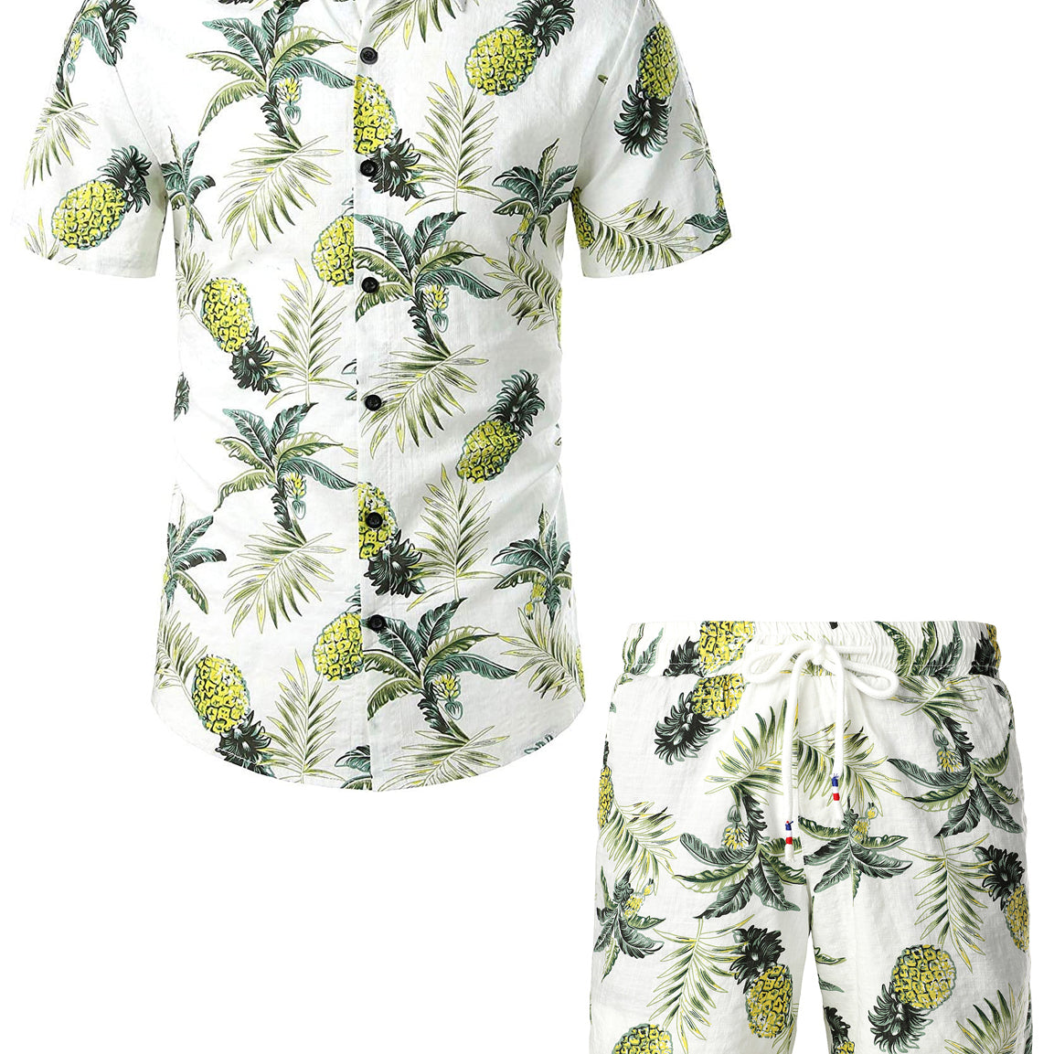 Men's Pineapple Tropical Fruit Casual Button Up White Outfit Hawaiian Matching Shirt and Shorts Set