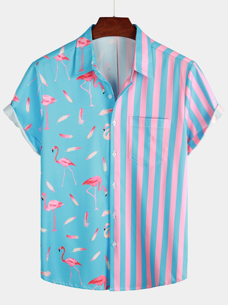 Men's Flamingo & Striped Patchwork Pocket Short Sleeve Shirt