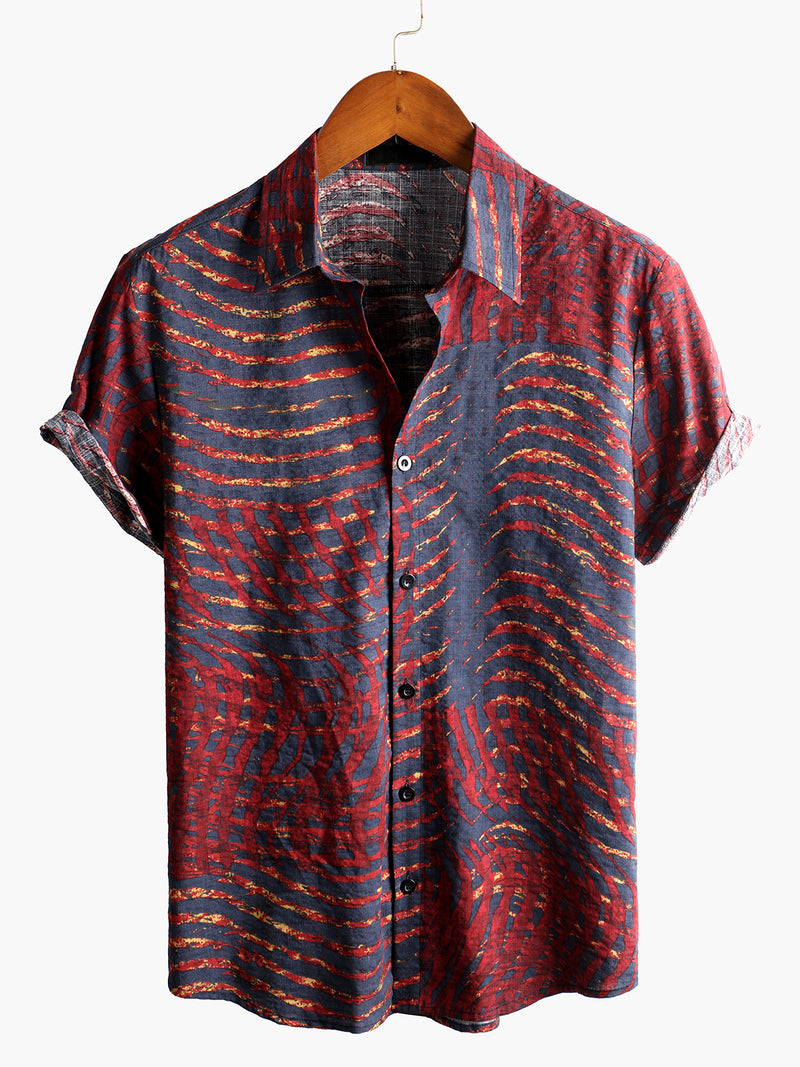Men's Short Sleeve Striped Printed Retro Cotton Shirt
