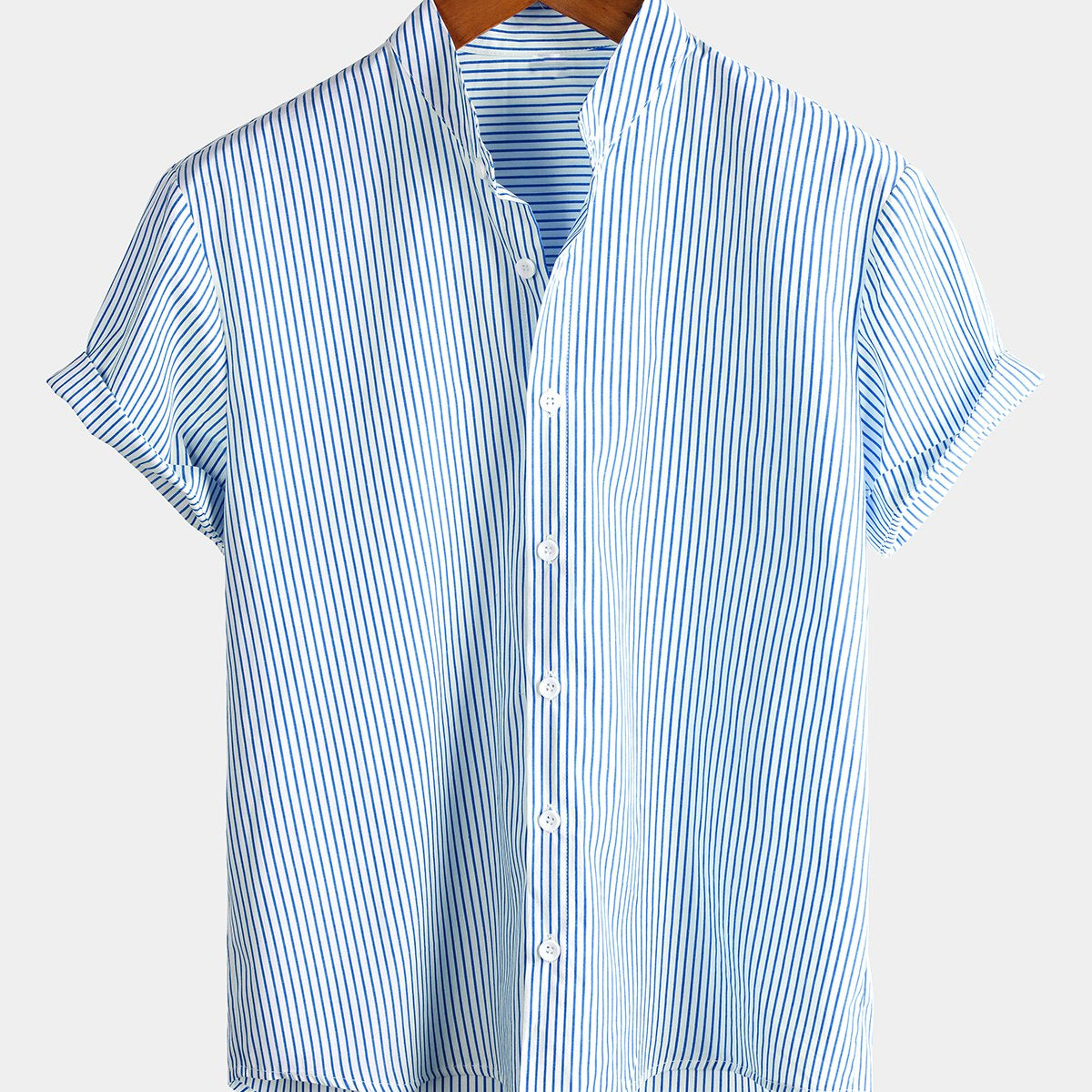 Men's Breathable Cotton Stand Collar Short Sleeve Striped Classic Shirts