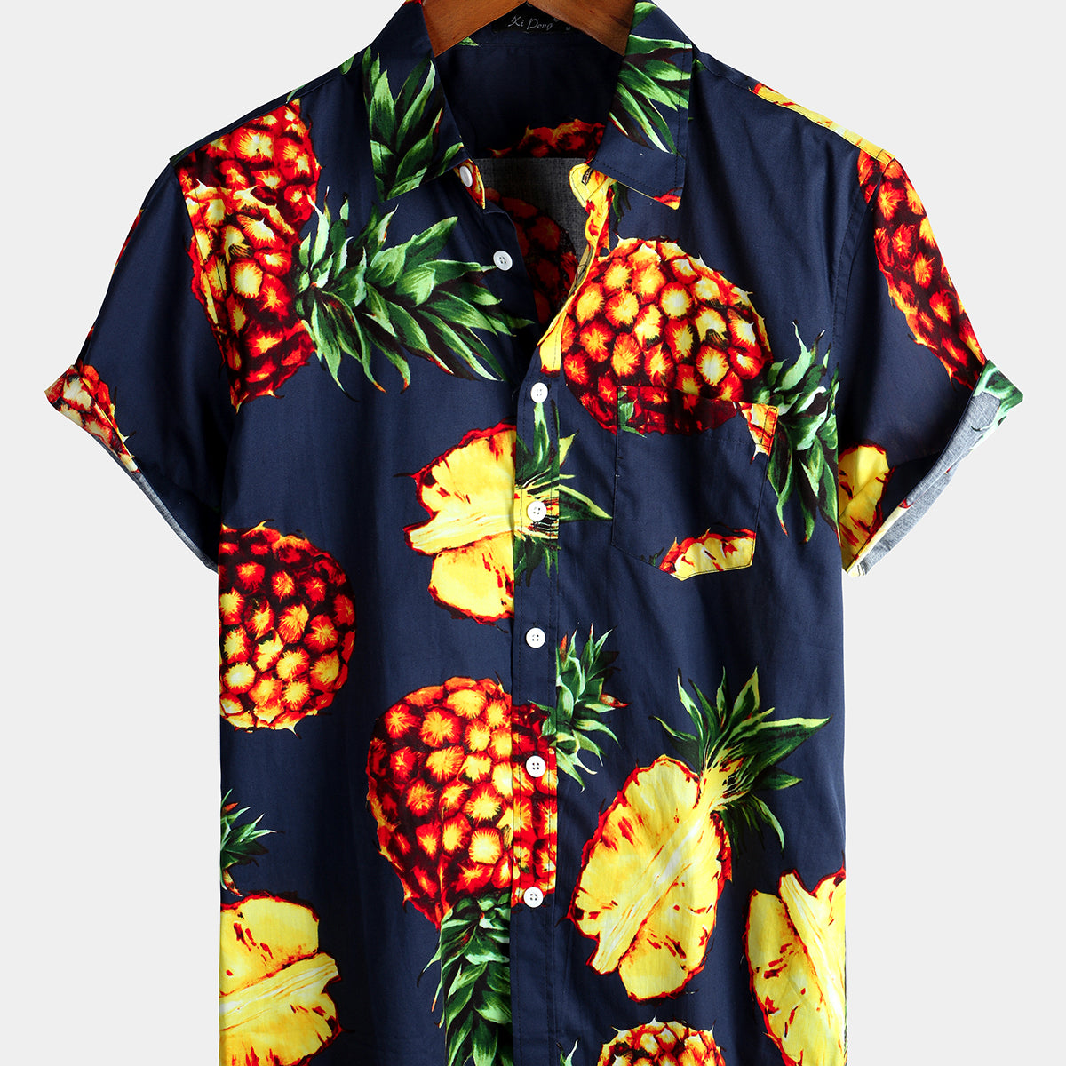 Men's Navy Blue Pineapple Tropical Holiday Cotton Pocket Shirt