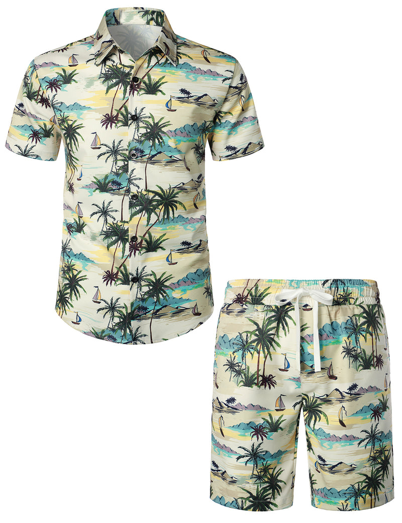 Men's Palm Tree Beige Island Summer Casual Hawaiian Matching Shirt and Shorts Set