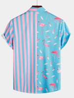 Men's Flamingo & Striped Patchwork Pocket Short Sleeve Shirt