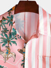Men's Pink White Striped Palm Tree Print Aloha Short Sleeve Hawaiian Shirt