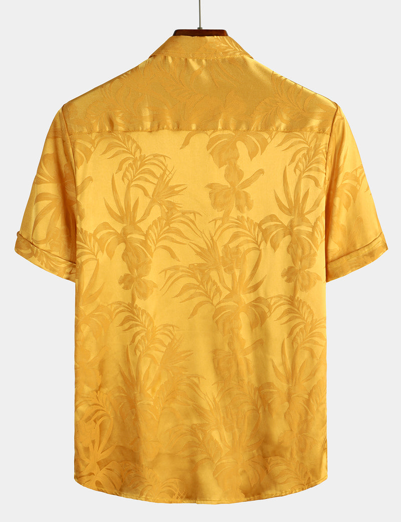 Men's Summer Jacquard Casual Button Up Pocket Floral Short Sleeve Beach Shirt