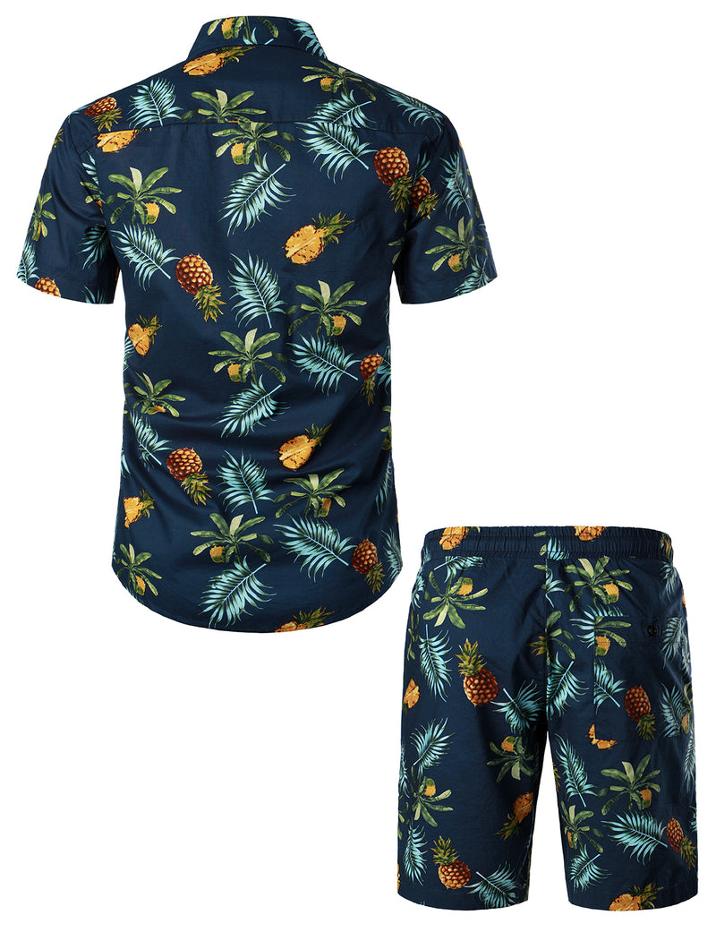 Men's Cotton Pineapple Print Tropical Fruit Hawaiian Shirt and Shorts Set