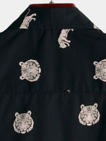 Men's Tiger Animal Print Button Up Casual Black Short Sleeve Lapel Shirt
