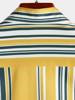 Men's Casual Button Up Retro Yellow And Green Vertical Striped Pocket Short Sleeve Shirt